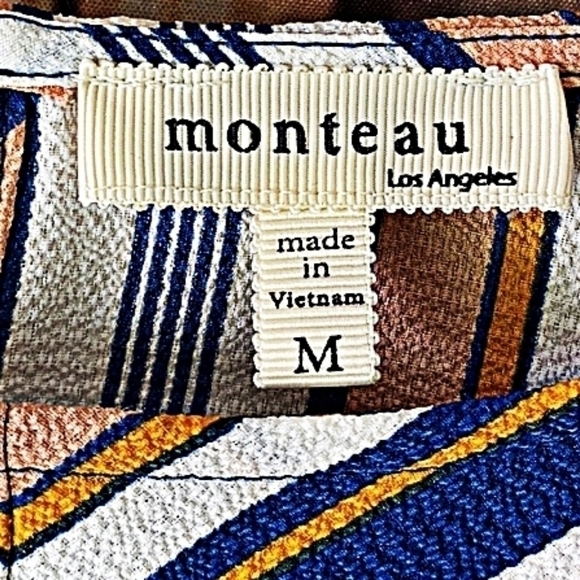 Monteau M Short Sleeve Ruffled Peplum Peach Navy and Mustard Striped Blouse - Picture 3 of 4